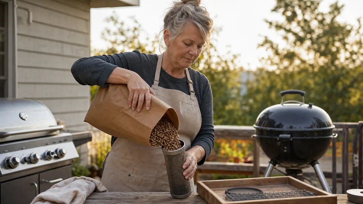 Gwen pouring Traeger Signature Blend wood pellets into a smoker tube on her back deck at golden hour