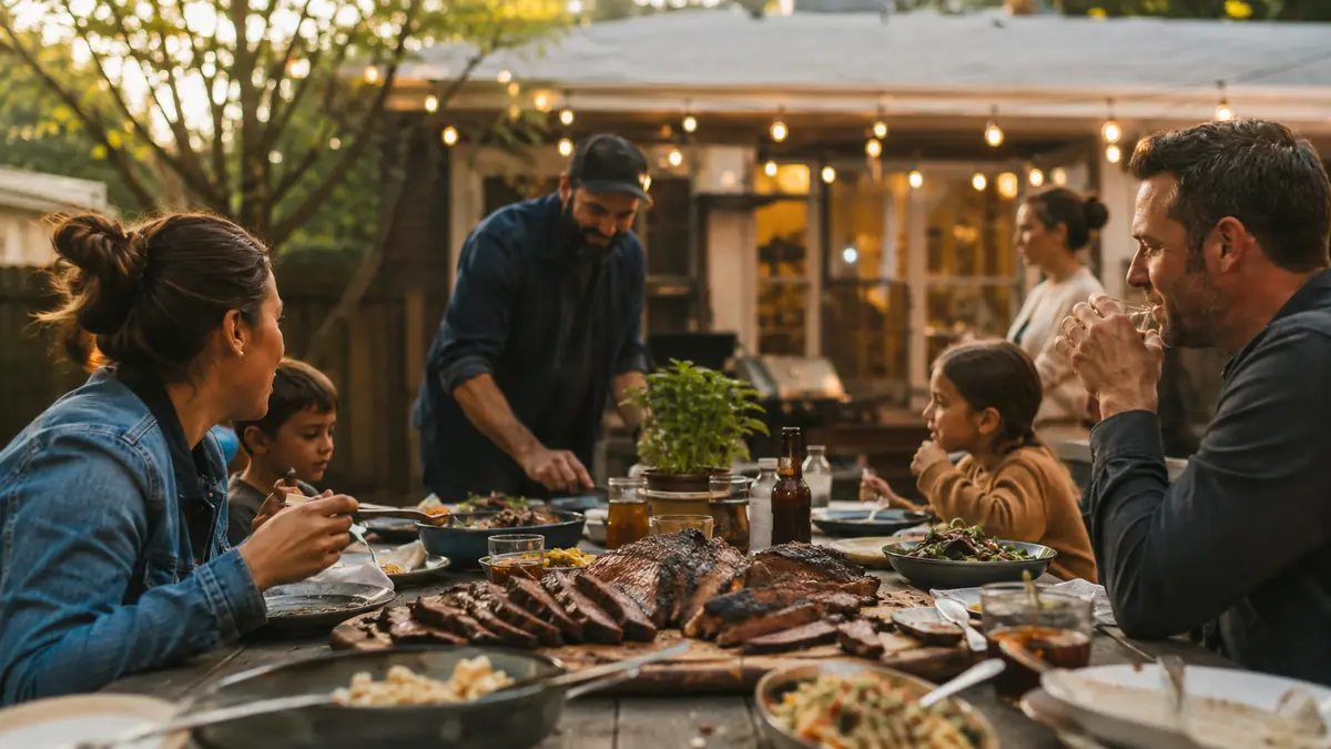 A long backyard table set for a Sunday cookout with smoked brisket, string lights, and family gathering at golden hour